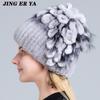 Winter Women's Warm Fashion Beanie Knitted Hat Real Rex Rabbit Fur Hat Knitted with Side Flower Russia Hat
