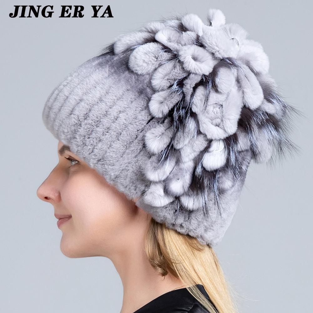 Winter Women's Warm Fashion Beanie Knitted Hat Real Rex Rabbit Fur Hat Knitted with Side Flower Russia Hat