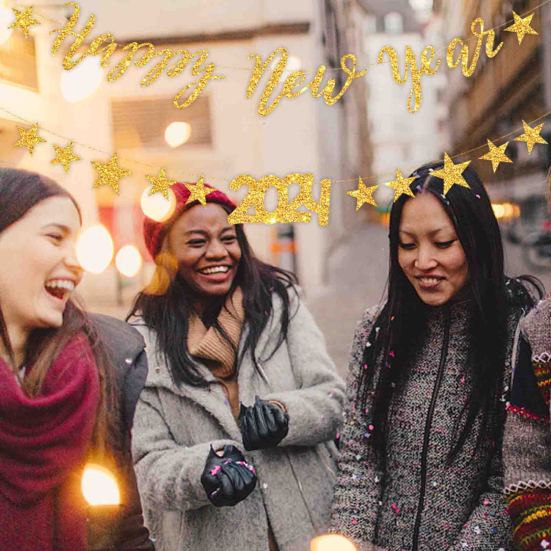 Banner Flag 2024 Glitter Happy Year Letters Create Atmosphere Shiny Elegant Hanging Decorations or Party