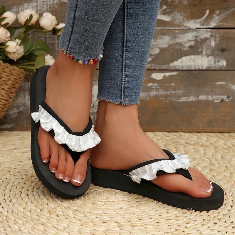 Fashion 2025 Fashion Pleated Flip Flops for Women Black Clip-Toe Flat Ladies' Slippers Summer Comfortable Outdoor Slides Mujer