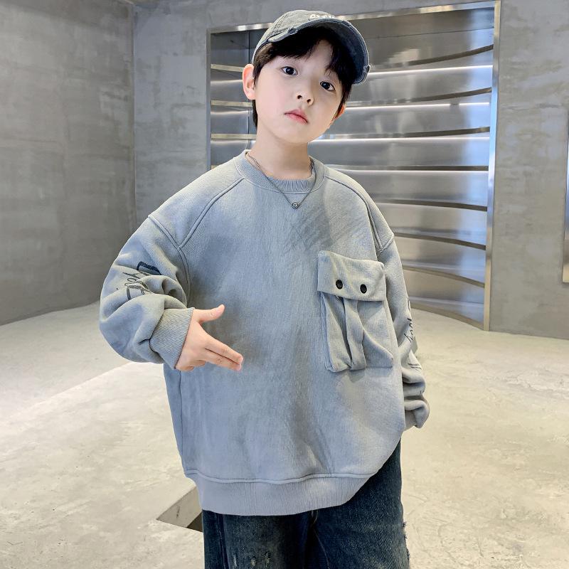 

Весна 2025 Толстовка тай-дай для мальчиков с карманом – Спортивная повседневная футболка для больших детей, размер 8 150 cm серый