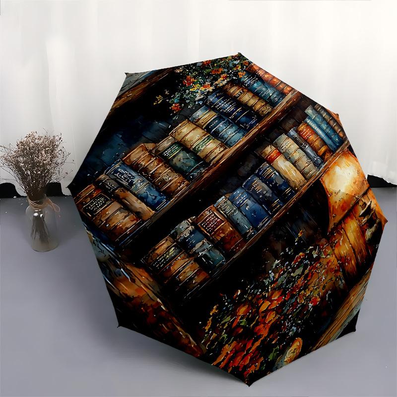 Bücherregal, Lampen-Thema, Automatisches Öffnen und Schließen, Helle Farben, 8-Speichen, Tragbarer Regenschirm, Geeignet für Männer und Frauen, Ein Perfek