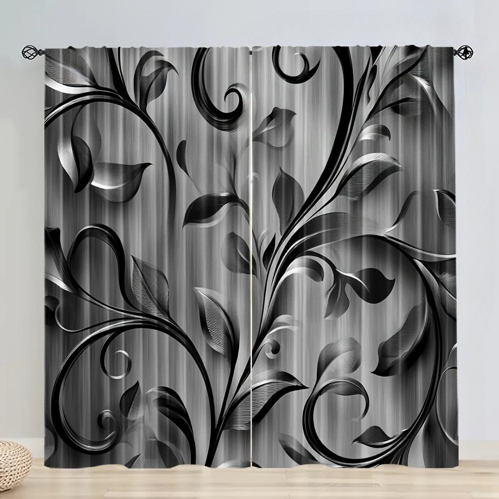 2Pcs Elegant Sheer Curtains – Black And White Floral Pattern, Ideal For Living Room And Bedroom, Modern Home Decor