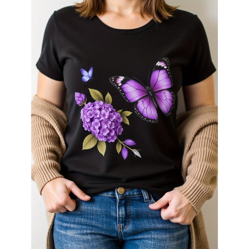 

Европейский размер Черная повседневная футболка с принтом фиолетовой бабочки и гортензии - Короткий рукав, Круглый вырез, Весна, Лето, Осень, Для повседневной носки, Футболка для женщины S чёрный