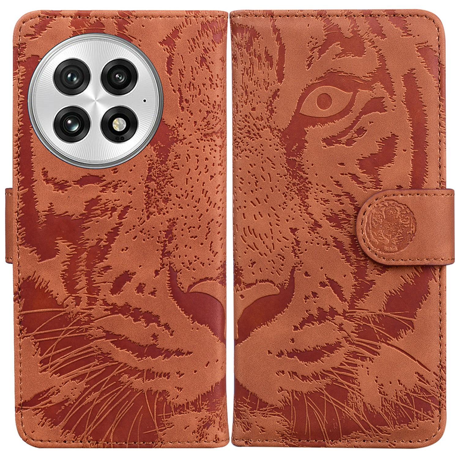 

For OnePlus 13 Case Tiger Imprint Leather Wallet Phone Cover Brown
