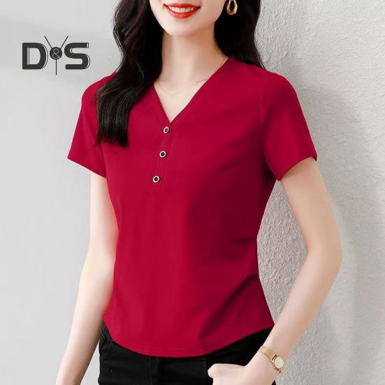 Damen T-Shirt mit V-Ausschnitt und Knöpfen, kurzärmelig, schmale Passform, weich, elastisch, Pullover, Oberteile für den Pendlerstil