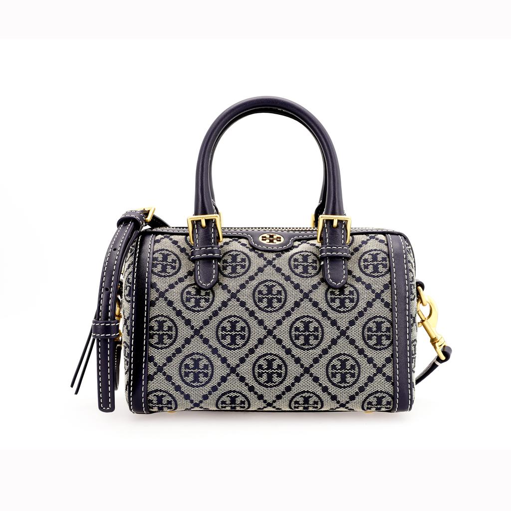 Tory Burch T Monogram Canvas And Leather Boston Bag Women Handbags Navy-Blue 82939-405