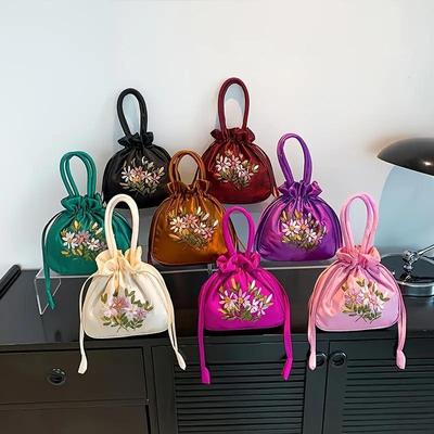 Retro Embroidery Drawstring Bag Flower Pattern Bucket Bag Womens Fashion Handbag Coin Purse