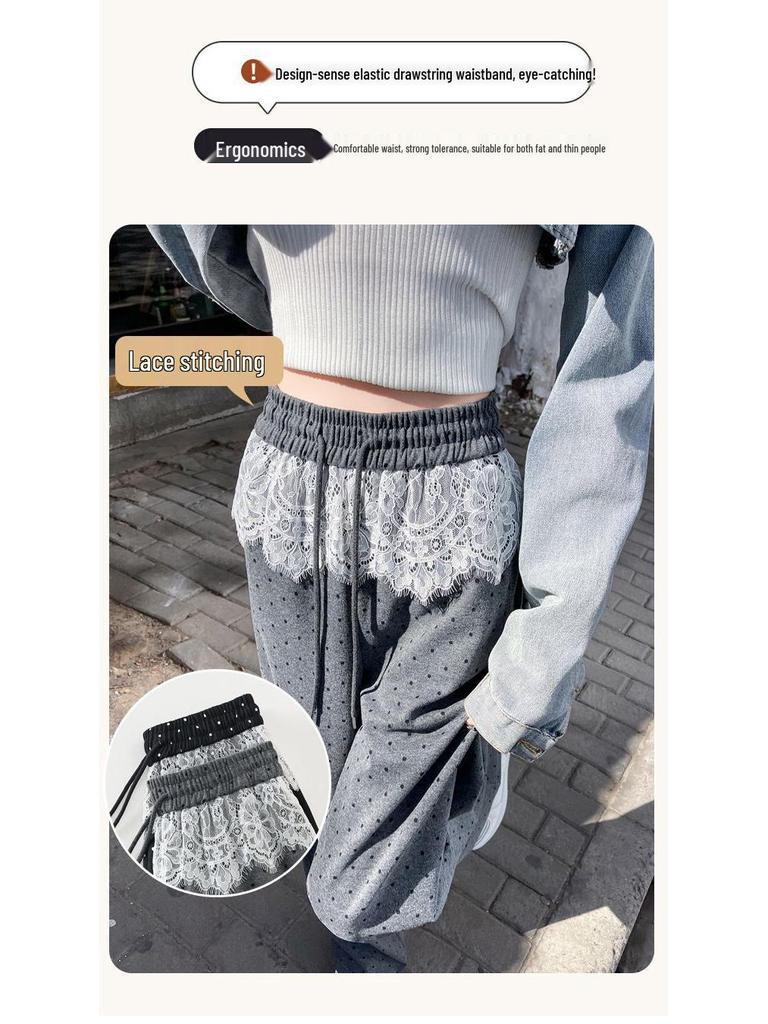 Lace Patchwork Polka Dot Wide-Leg Pants for Women - 2025 Spring/Autumn Casual Loose Straight Floor-Length Design