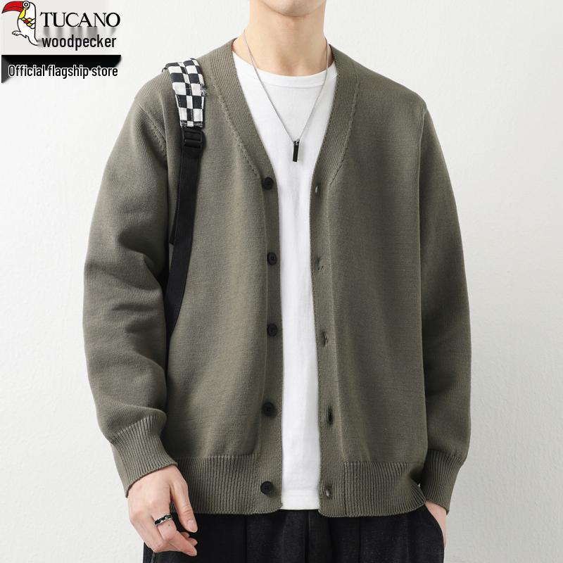 Мужской высококачественный повседневный вязаный кардиган-свитер Woodpecker 2025 Ленивый стиль ВеснаОсень 3XL fits 775-85kg серыйзелёный 7490₽