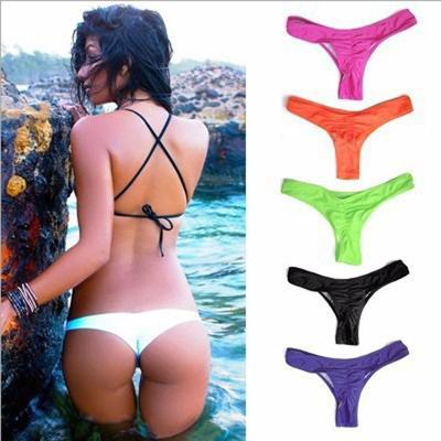 Women's  Sexy Solid Color Pleated Thong Bikini Bottoms Swimwear Swimsuit Beachwear