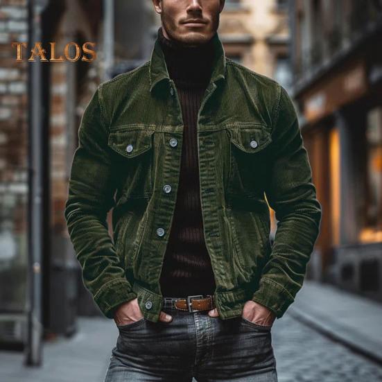 Men Spring Fall Coat Corduroy Turn-down Collar Loose Outerwear Single-breasted Button-down Long Sleeve Loose Coat for Dating Daily School