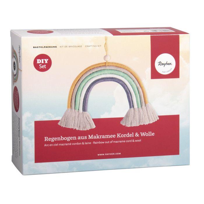 RAYHER Kit macramé Arc-en-ciel 25 x 20 cm - corde coton et laines multicolores, perle bois