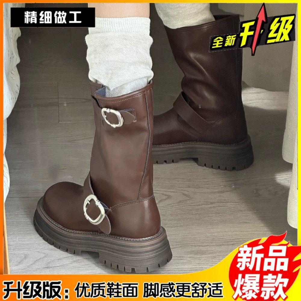 Popular retro thick-soled belt buckle one-pedal Martin boots for women's 2025 autumn new versatile height-increasing and thin short boots