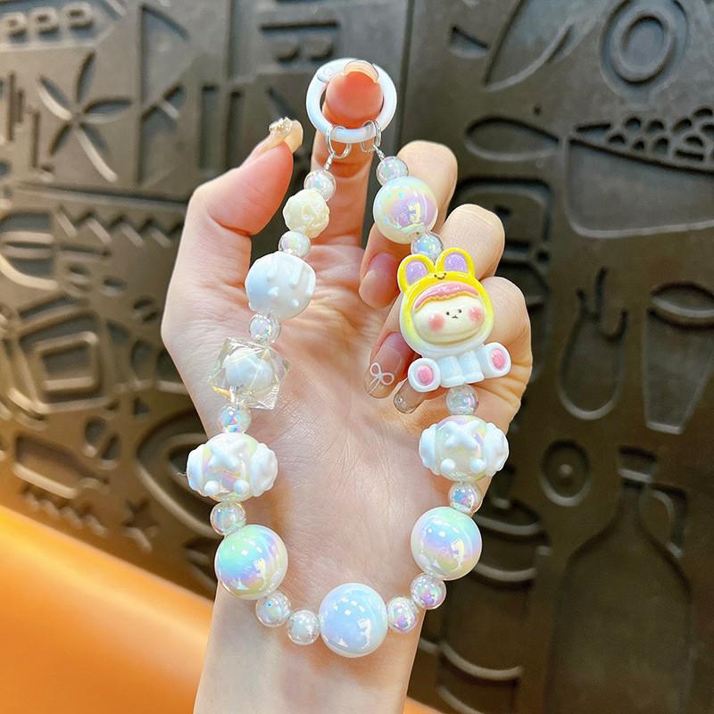 Cute Cartoon Beaded Lanyard & Wrist Strap with Keyring and Bag Charm for Little Girls