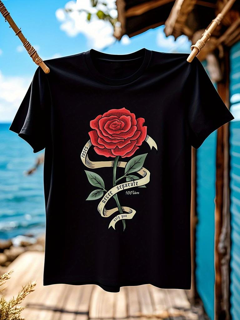 Breathable Cotton Tshirt - Red Rose and Ribbon Graphic Print