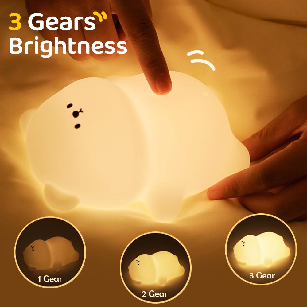 Cute Silicone LED Night Light 3 Level Brightness Rechargeable Nursery Sleeping Lamp Cordless Nightlights For Kids Room Decor