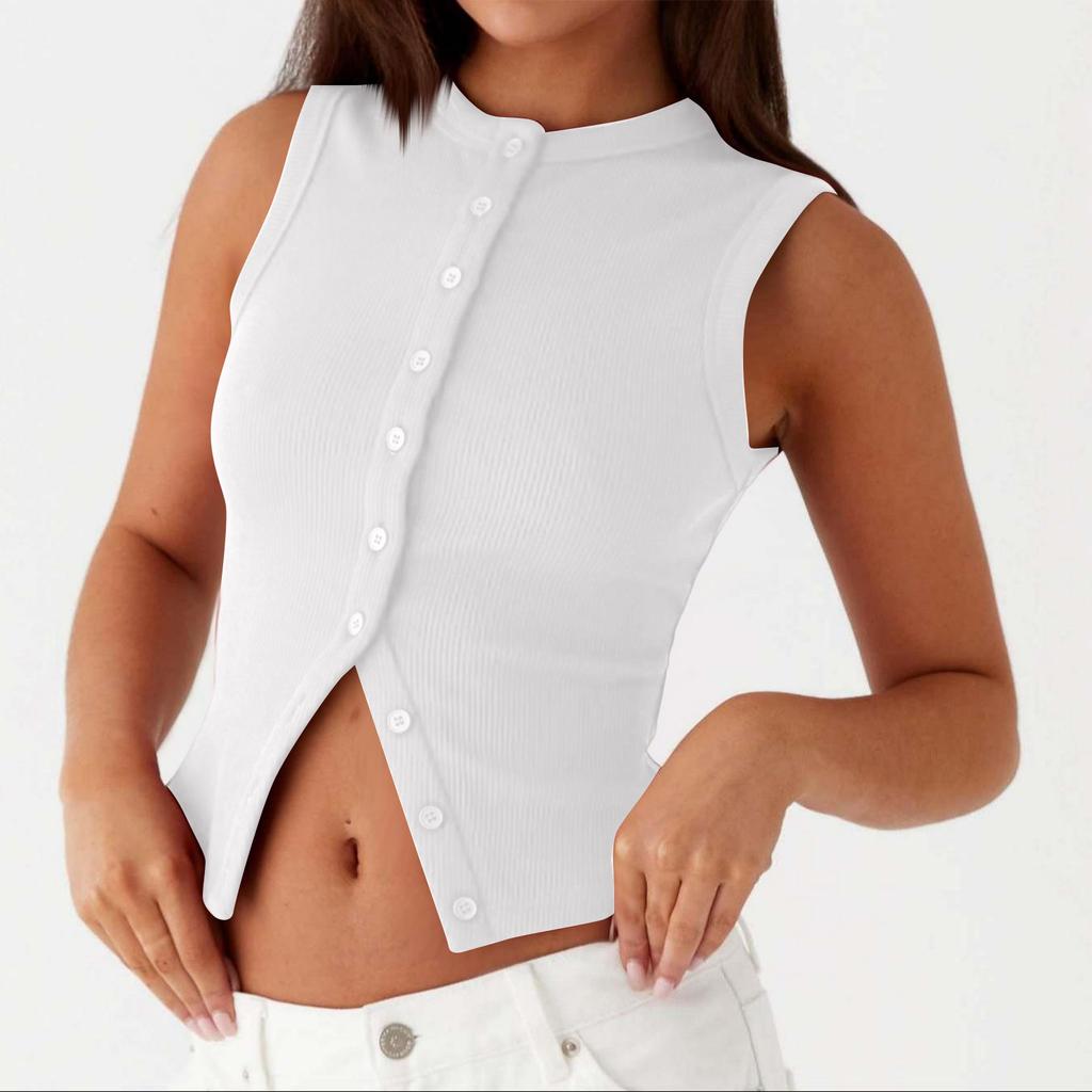 Women's Fashionable Casual Slim Fit Short Ribbed Sleeveless Button-Up Vest T-Shirt