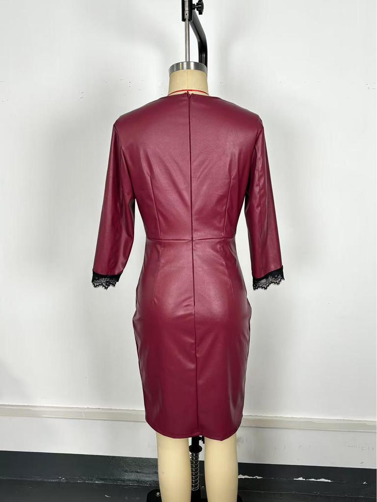European & American Slim V-Neck Lace-Trim PU Leather Bodycon Dress for Women