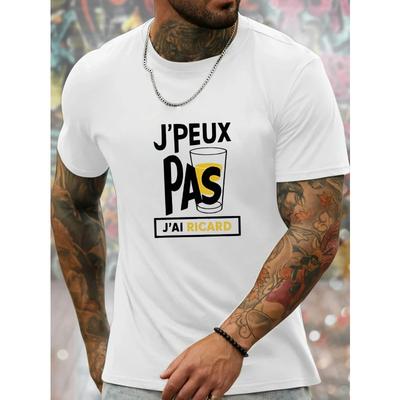 European Sizes Men'S Casual Short Sleeve T-Shirt - Breathable Round Neck Tee with "J'PEUX PAS J'AI RICARD" Graphic, Machine Washable Regular Fit