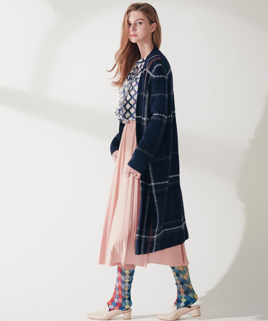 Not No-Button Wool Check Long Cardigan