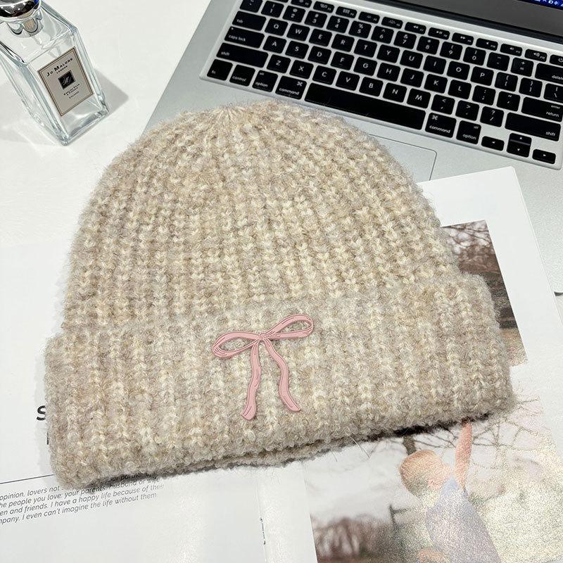 

Вязаная теплая шапка с бантом женская осенне-зимняя ветрозащитная холодозащитная защита ушей флисовая шапка шапка для велоспорта Cold and warm, elastic