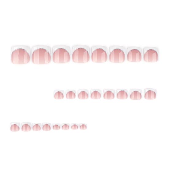 24Pcs French Tip Nude Press on Toenails Short Square Glitter Women