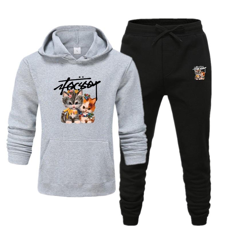 Men's and Women's New Autumn and Winter Plus-size CARTOON CAT Printed Hooded Sportswear Casual Sportswear Set