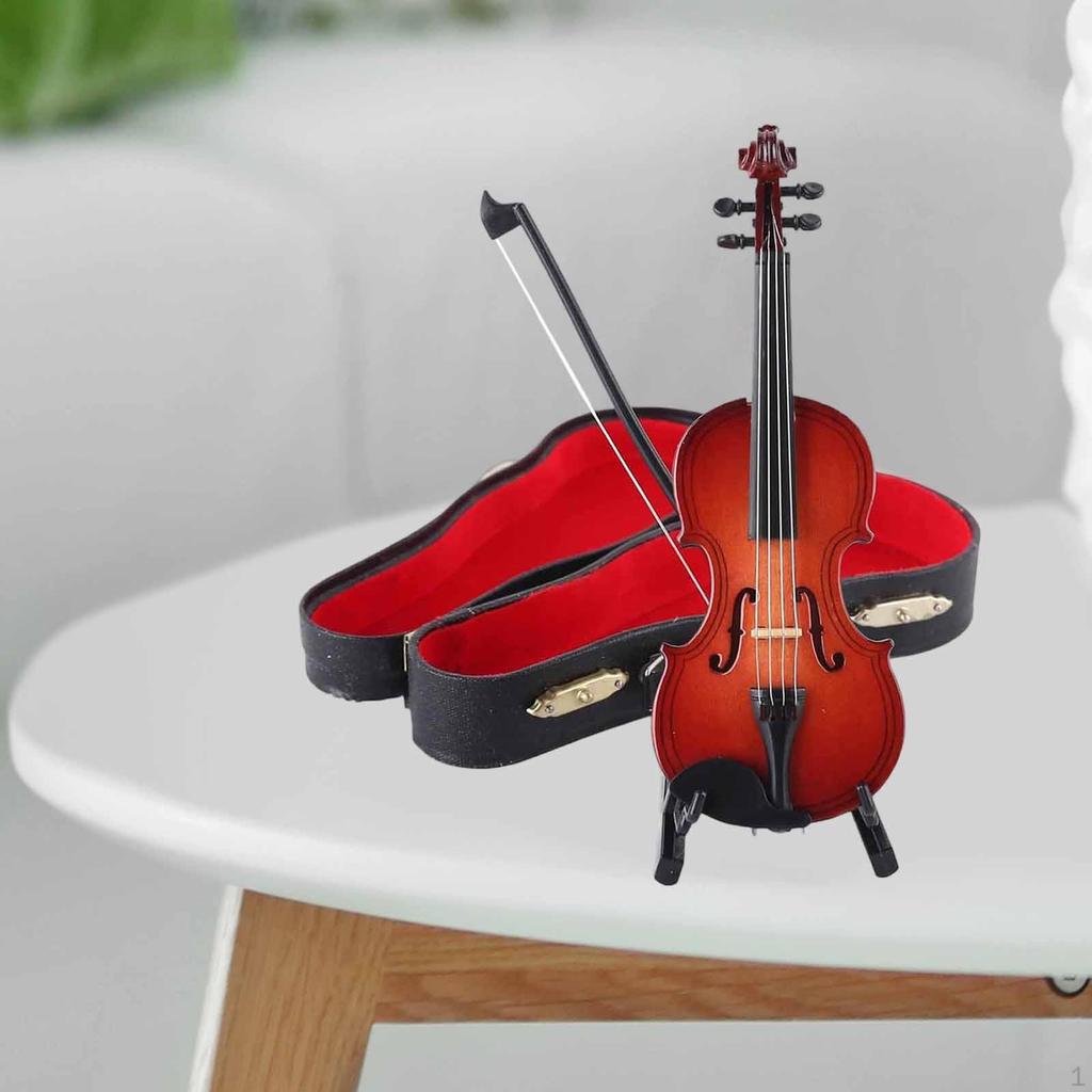 Wooden Miniature Violin Model Display Ornament Birthday Gift Dollhouse Accessories for Fireplace