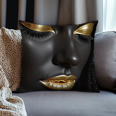 Impresionante Funda de Almohada Negra con Rasgos Faciales Dorados - Decoración Única para el Hogar Funda de cojín para sofá, decoración del hogar, impresión 2D