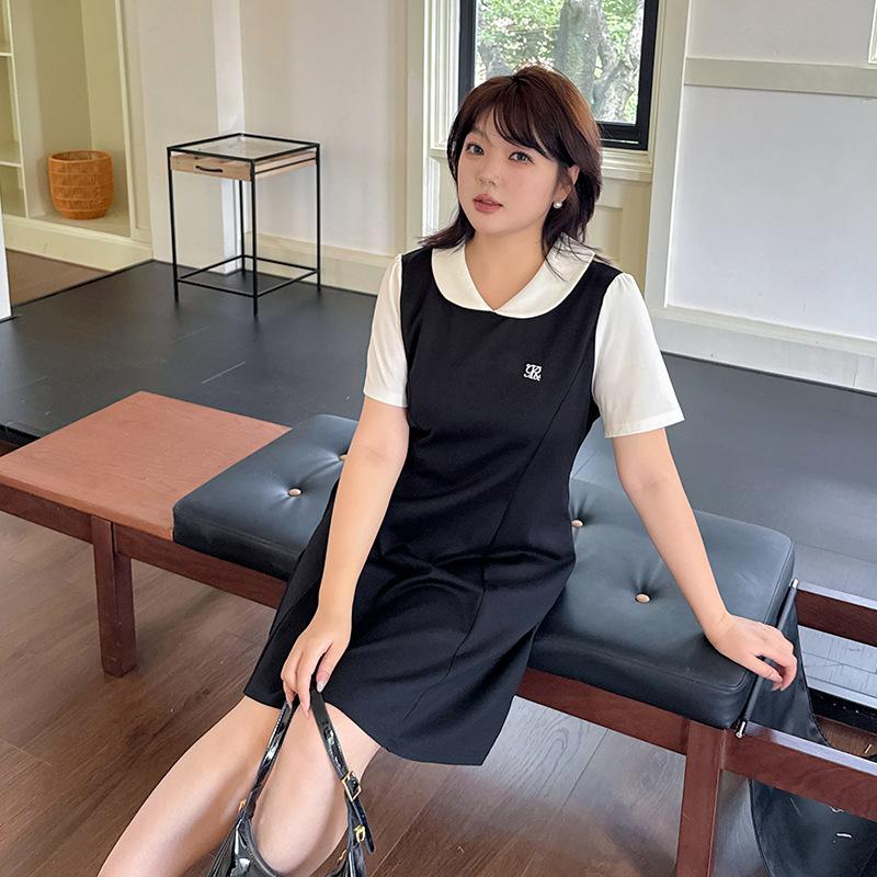 Large Size Women's Clothing Long and Short Contrasting Color Dress, Summer New Waist and Thin Small Black Dress 252498