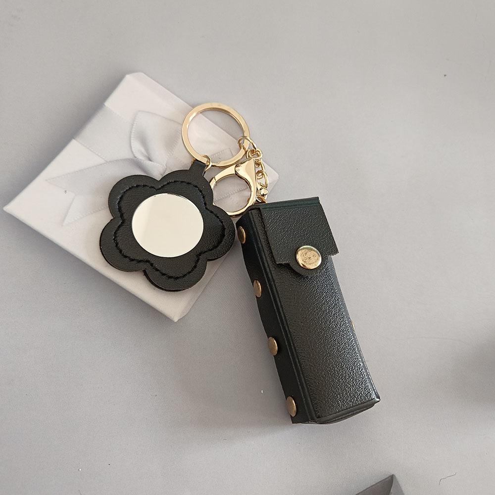 Portable Lipstick Bag Packet PU Leather Backpack Hangings New Flower Mirror Keychain  Keyring Gift