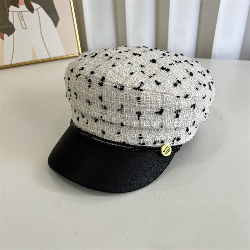 

Твидовая военная шляпа с плоским верхом в горошек, женская осенне-зимняя новинка, с кожаным козырьком, в стиле британского ретро, литературная M（56-58cm）