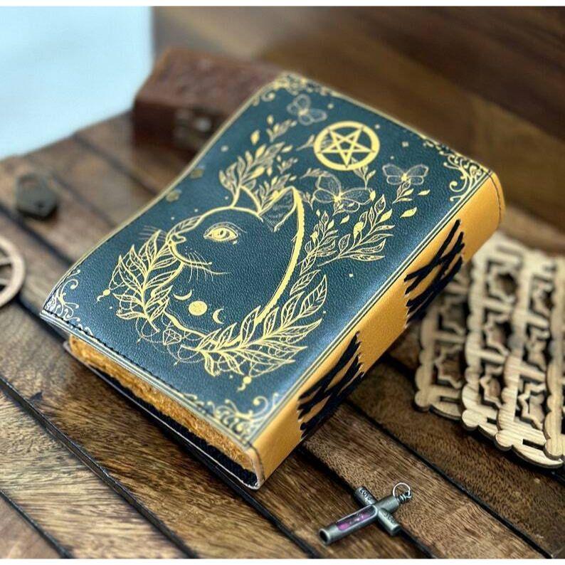 Grimoire journal Leather Print caltic cat journal Blank spell book of shadows