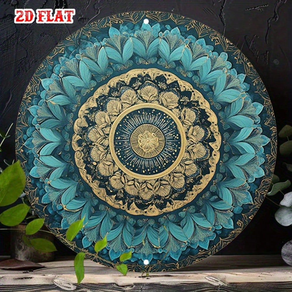 

Vintage Round Metal Wall Art Mandala Teal Gold Floral Decor Frameless Aluminum Sign 20x20 разноцветный
