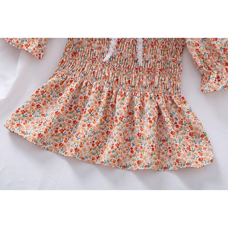 Broken Flower Sweet Puff Sleeve Women Blouse Slim Elastic Waist Square Neck Short Sleeve Top Lace Bow Decoration Fairy Casual