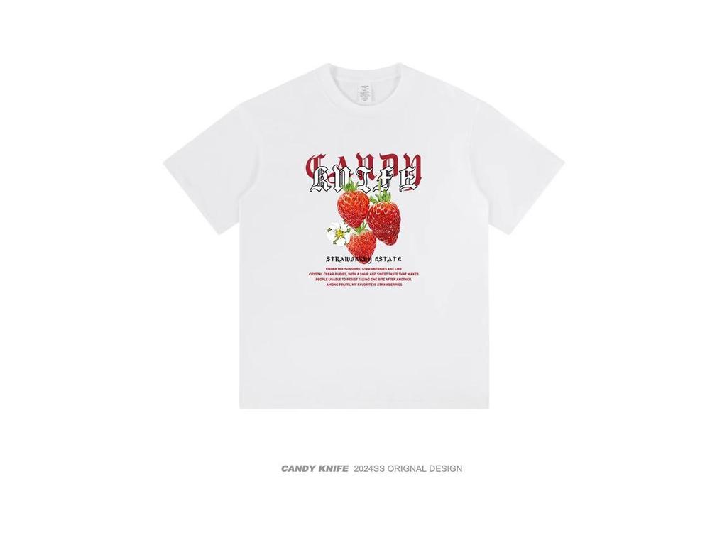 Unisex American Retro Hong Kong Style Strawberry Print T-Shirt - Summer Loose Fit