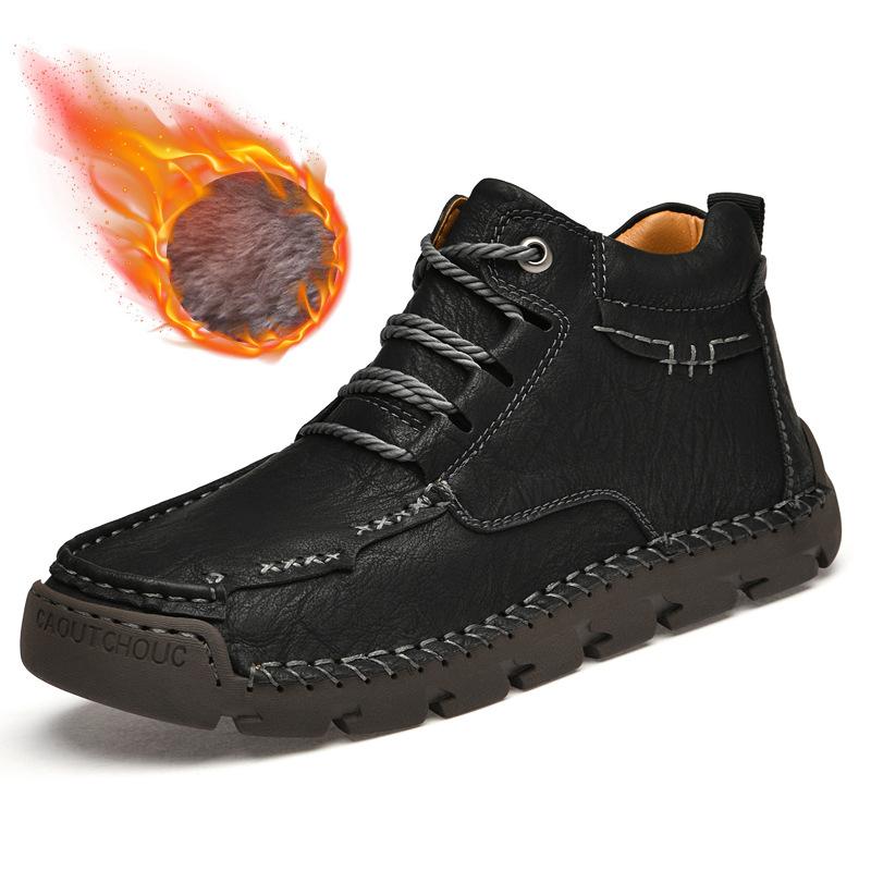 Retro PU odos kasdieniai batai vyrams, rankomis siūti lauko žygio batai, rudens žiemos auliukiniai sniego batai, pasirenkamas pliušas