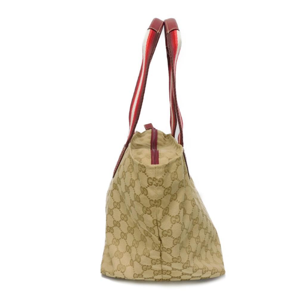 Used 9539 Web Stripe Tote 131230 7924 Logo Embossed Leather Patch Double G Red GG Canvas Beige Unisex from Japan