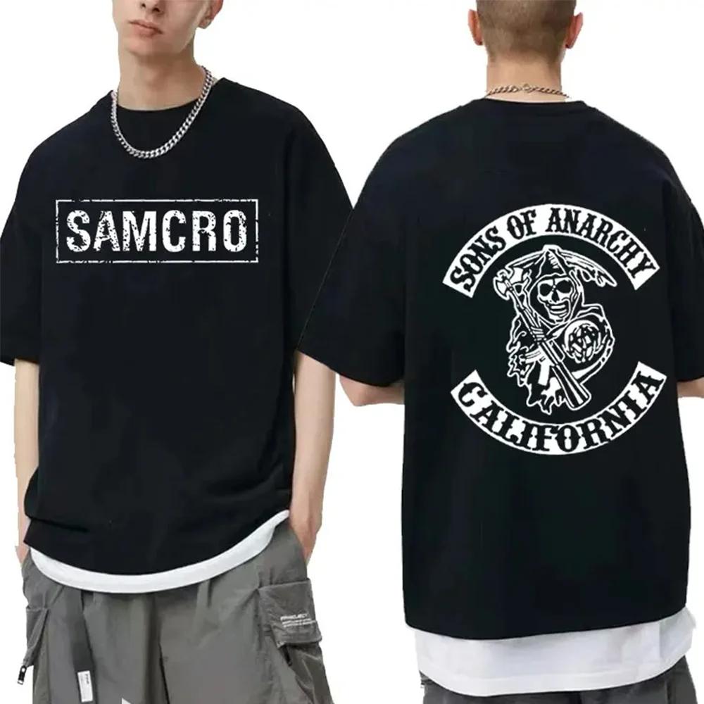 2025 Lato Nowy Film - Sons of Anarchy SAMCRO Dwustronny Nadruk T-Shirt Męski i Damski Moda Hip Hop Rock T-Shirt