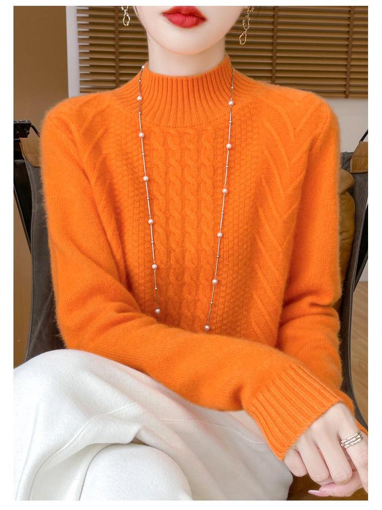 2025 Women's Wool Jacquard Pullover: Cozy Half-High Neck Sweater with Long Sleeves and Age-Reducing Design.