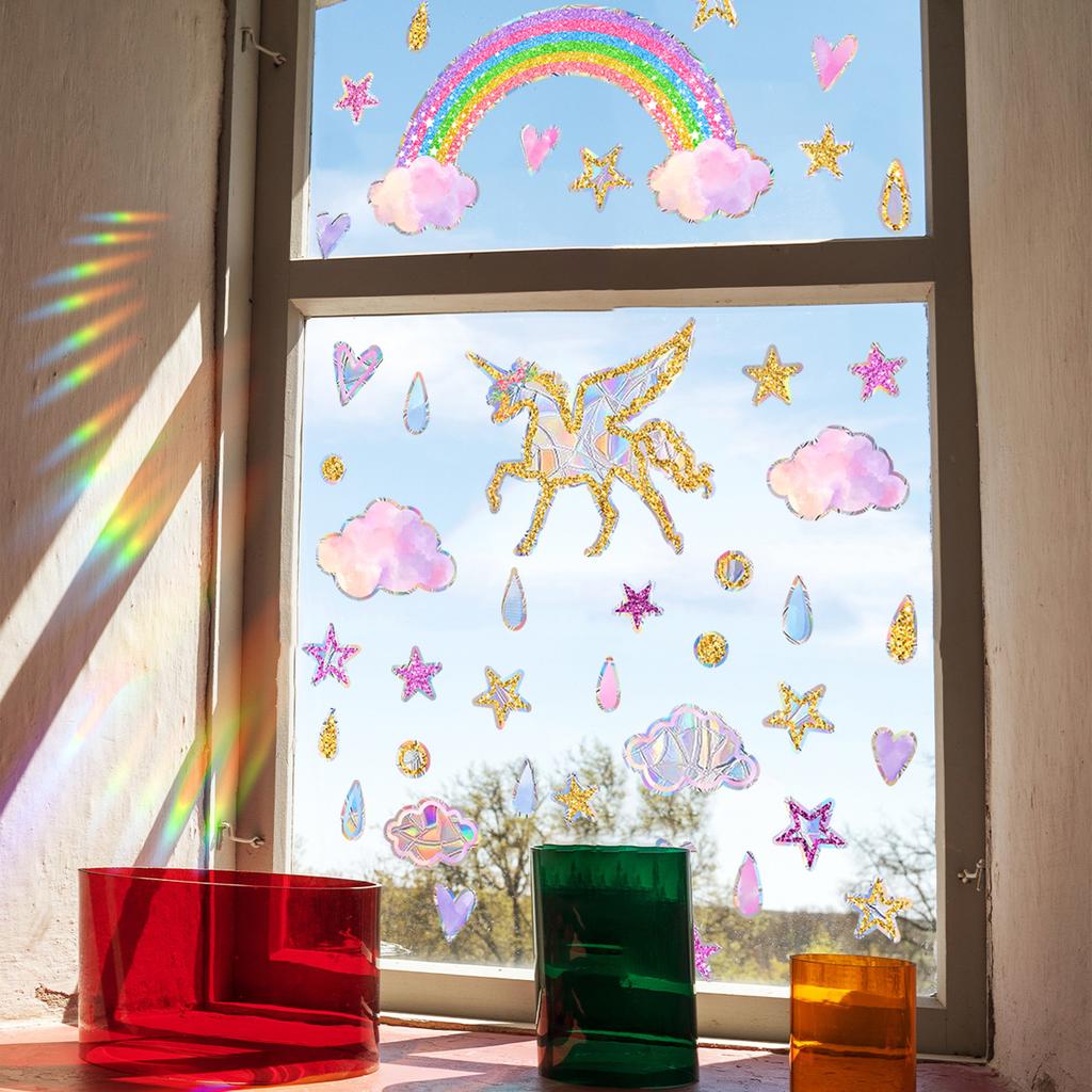 Xc8005 Colorful Sunlight Electrostatic Glass Sticker Rainbow Pony Star Love Raindrop Wall Sticker Window Sticker Decoration