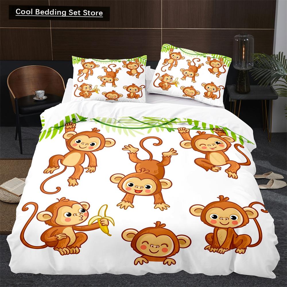 Affe Bettbezug King Queen Lieblich Cartoon Tier Bettwäsche Set für Kinder Junge Mädchen Grün Dschungel Baum 2/3tlg. Polyester Steppdeckenbezug