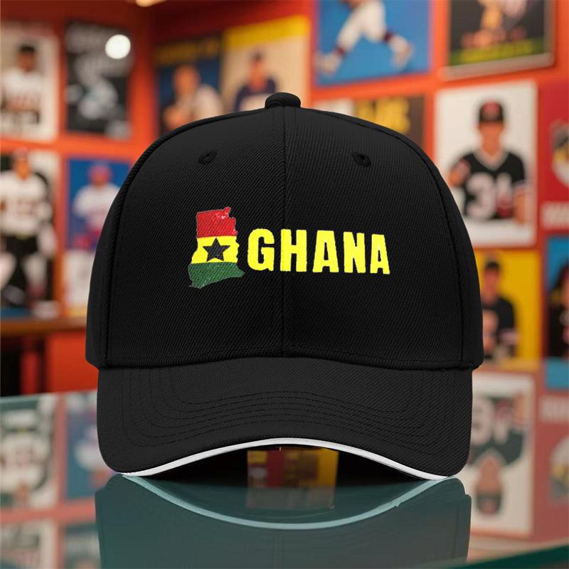 1Pc Unisex Baseball Cap, New Style Breathable Black Snapback Hat With Ghana Print For Outdoor Camping, Travel, Running, Yoga, An