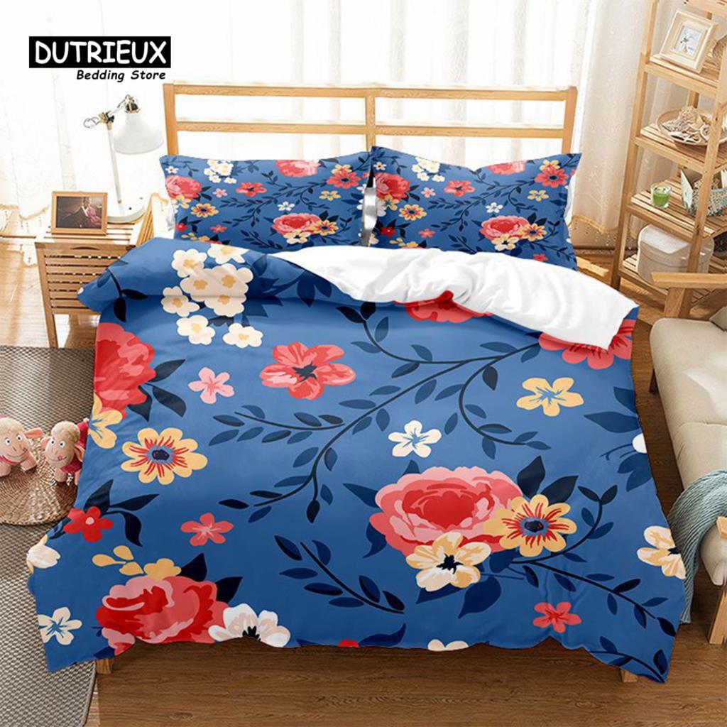 Floral Bedding Set Botanical Duvet Cover Queen Soft Boho Rose Flowers Leaves Print Comforter Cover For Kids Teens Adults Decor