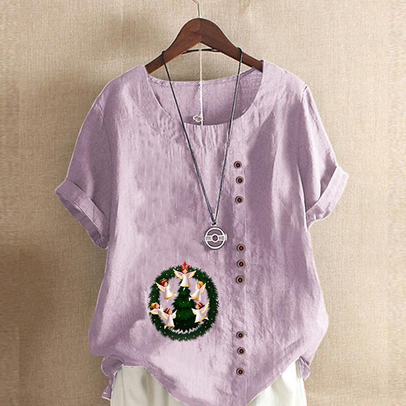 Women's Fashion Round Neck Short Sleeve T-shirt Casual Cotton Linen Graphic Shirt Leisure Loose Christmas Elves Prined Summer Blouse Tops