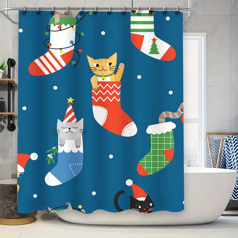 

Синяя шторка для душа с рождественскими чулками и кошками, праздничные украшения для ванной комнаты 90x180cm