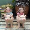 Yousheng Girl Riding Pig Figurine Resin Pig Sculpture Desktop Decoration Pig Statue Planter Ornament for Home Office Table Shelf Flower Pot