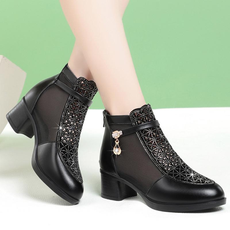 Fashion 2024 Spring Summer Middle Heel Fashion Comfort Rhinestones Soft Leather Sandals Thick Heels Mesh Boots Hollow Women's Shoes