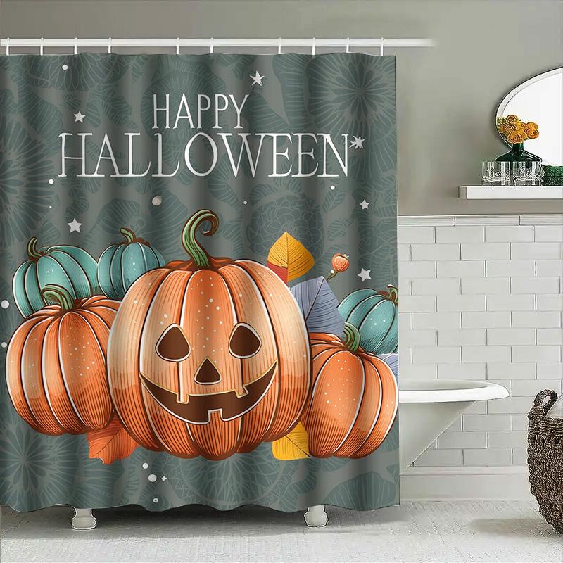 

Tuniu Halloween Pumpkin Shower Curtain Cute Orange Jack-O -Lantern With Green Leaves Decorative Bathroom Curtain W60H190(CM)-1 Pcs